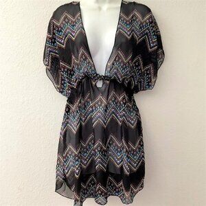 MIKEN CHEVRON CHIFFON SWIM COVER (L, BLACK/AQUA)